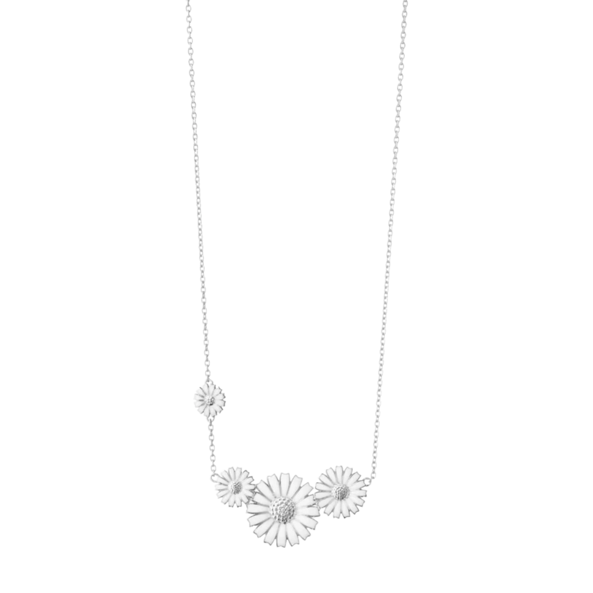 Inspired by one of Georg Jensen’s most beloved designs, this sterling silver necklace captures the beauty of a blooming daisy with exceptional attention to detail. The crisp white enamel contrasts beautifully against the polished silver, creating a look that feels both classic and contemporary.