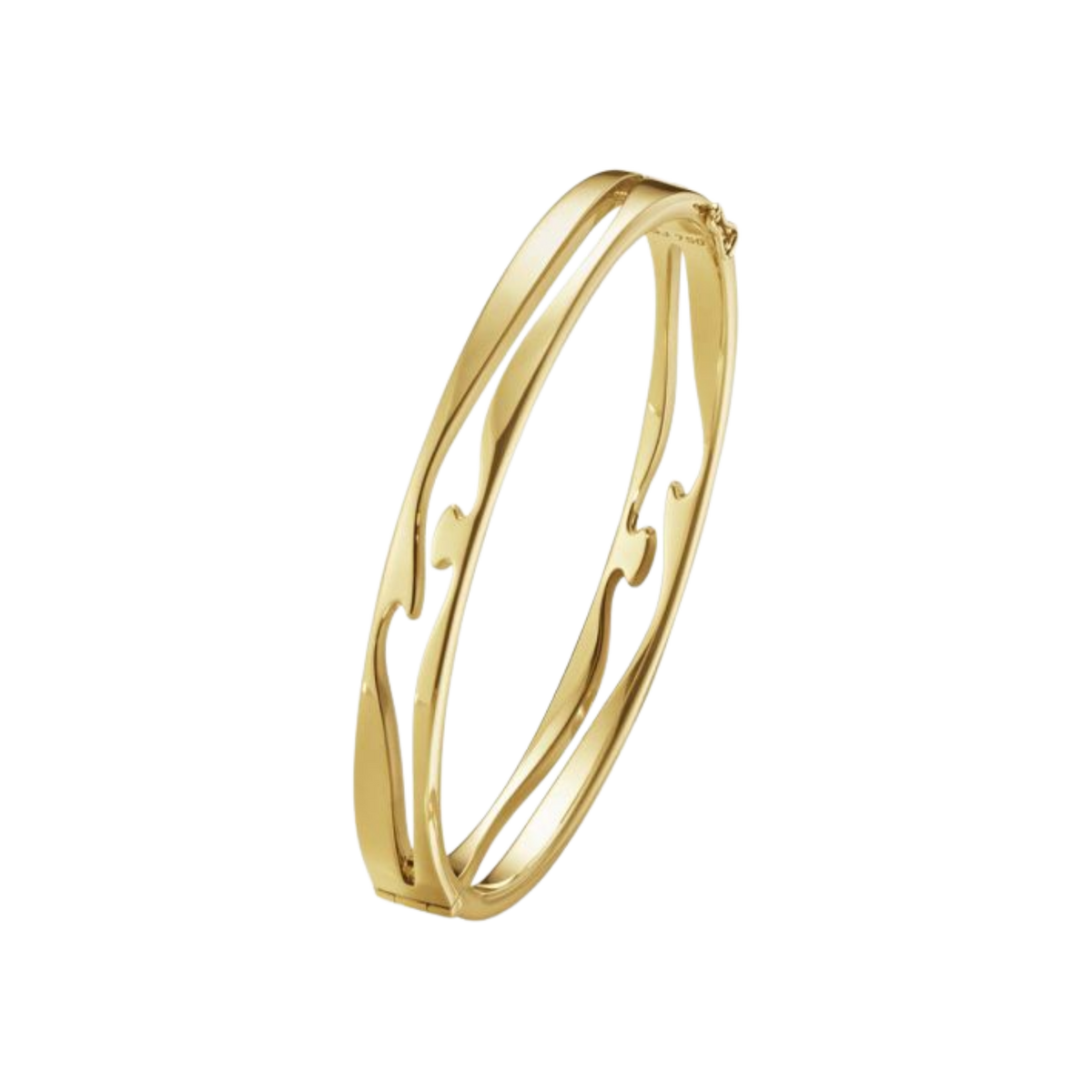 The Georg Jensen Fusion Open Bangle is crafted from 18ct yellow gold, with two flowing bands that come together in an elegant design symbolising connection and unity. Available in medium.