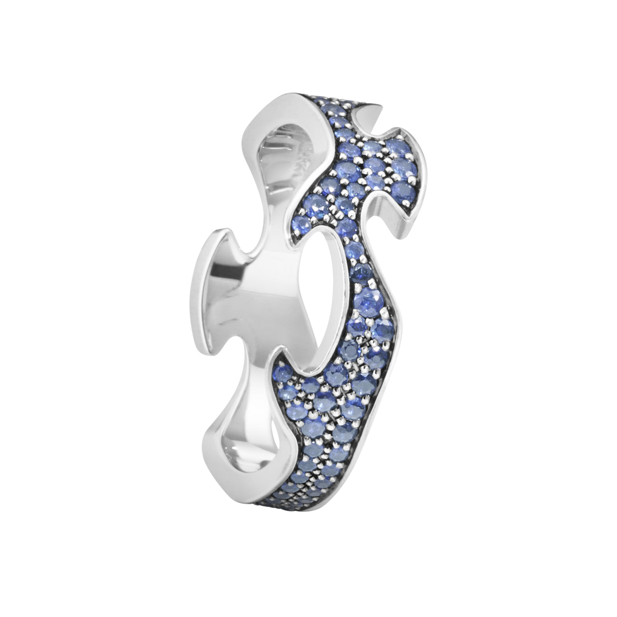 The Georg Jensen Fusion Centre Ring is crafted in 18ct white gold and set with 0.85ct of blue sapphires, creating a bold yet elegant design inspired by the iconic Fusion collection.