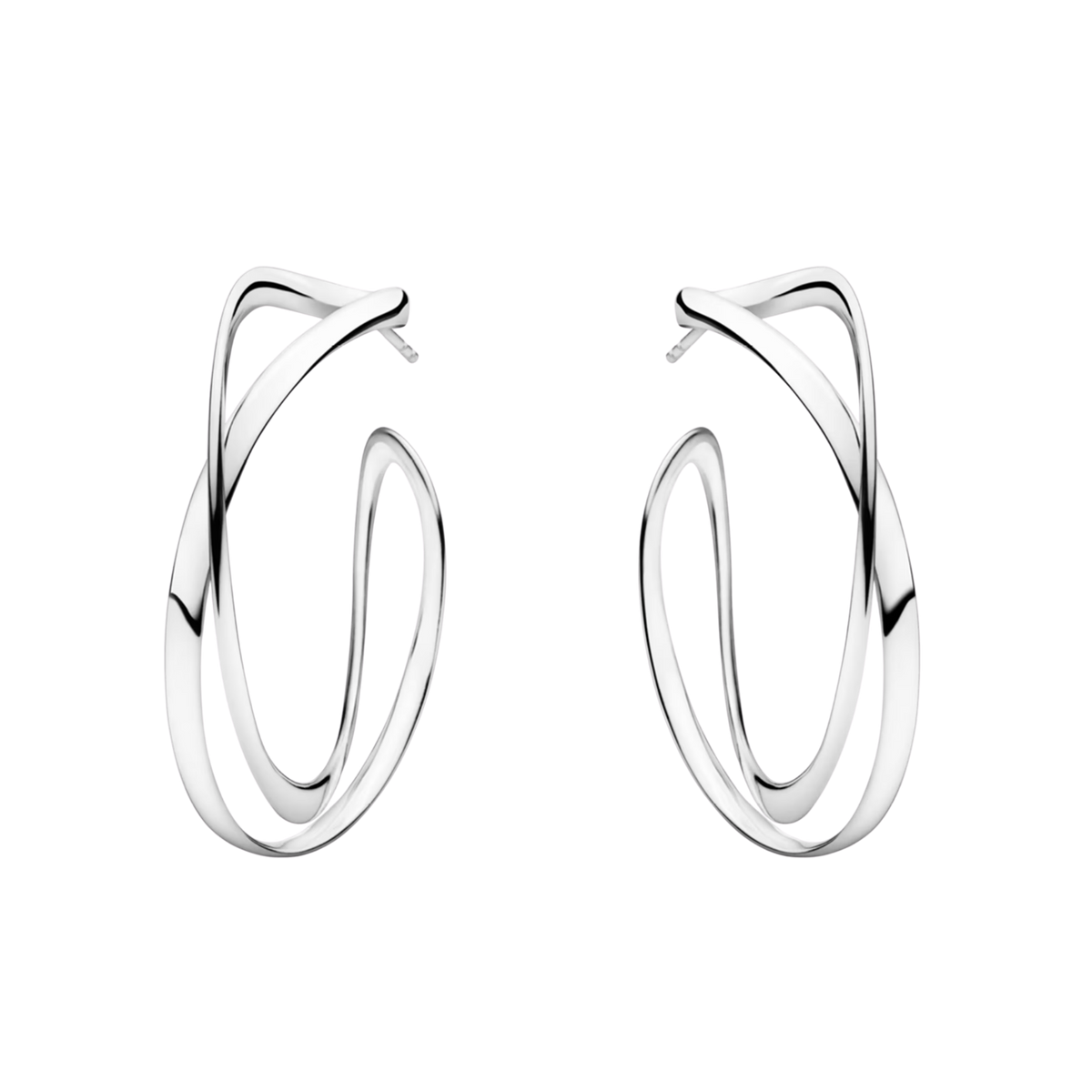 The Georg Jensen Infinity Large Sterling Silver Hoop Earrings feature graceful flowing curves inspired by the infinity symbol, creating a bold yet elegant statement.