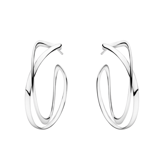 The Georg Jensen Infinity Large Sterling Silver Hoop Earrings feature graceful flowing curves inspired by the infinity symbol, creating a bold yet elegant statement.
