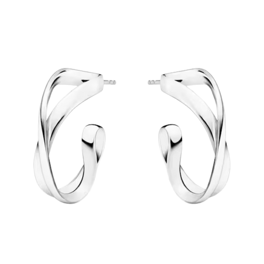 The Georg Jensen Infinity Sterling Silver Hoop Earrings feature elegant flowing curves inspired by the infinity symbol, bringing a refined Scandinavian touch to everyday styling.