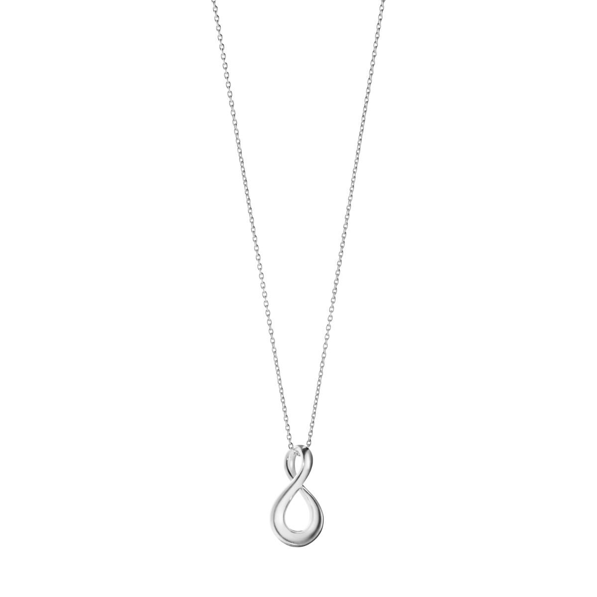 Suspended from a fine sterling silver chain, the Georg 
Jensen Infinity pendant sits beautifully at the neckline, making it an effortless piece for everyday wear. Whether worn alone as a subtle statement or layered with other favourites, its versatile design complements both casual and formal styling.
