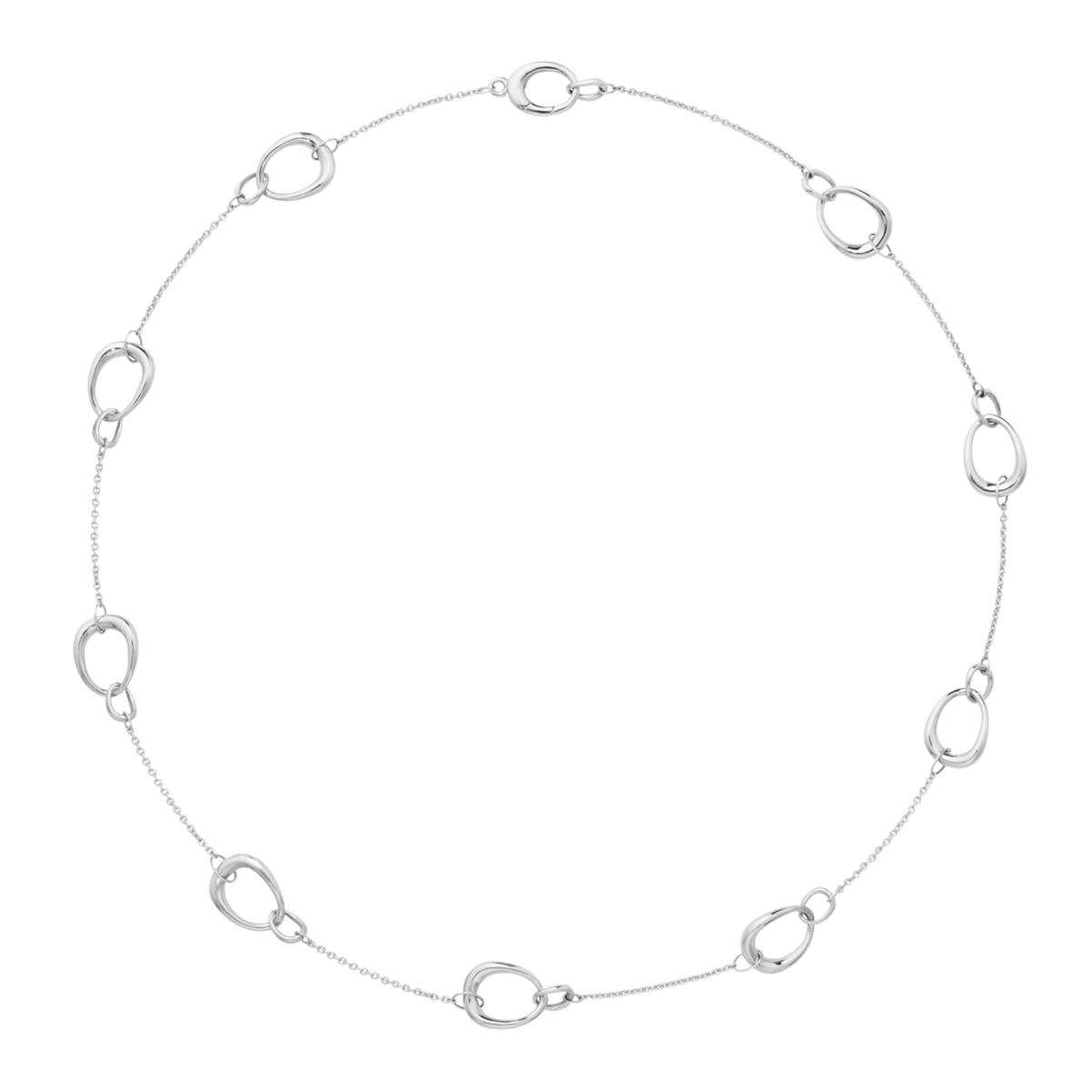 Front view of the Georg Jensen Offspring Sterling Silver Station Necklace, featuring organic open-circle sterling silver stations evenly spaced along a fine chain.