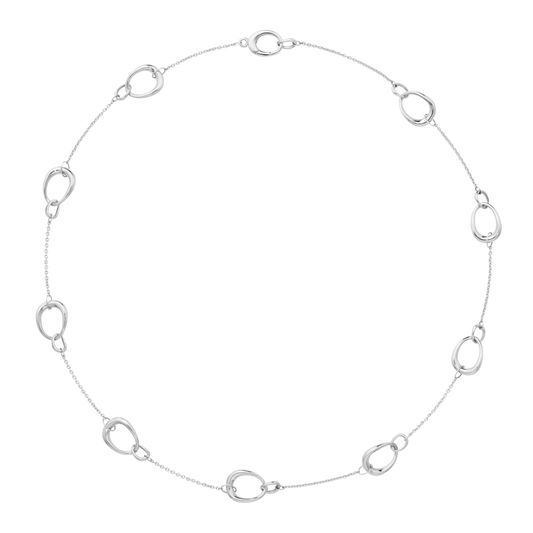 Front view of the Georg Jensen Offspring Sterling Silver Station Necklace, featuring organic open-circle sterling silver stations evenly spaced along a fine chain.