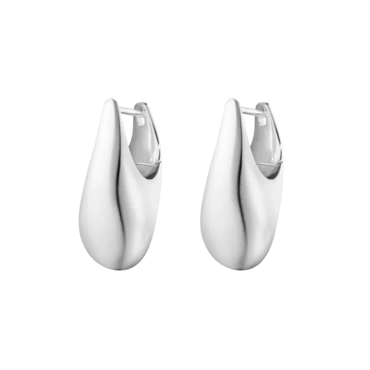 Sculptural Georg Jensen Reflect Small Earrings crafted from sterling silver, featuring distinctive interlocking forms and contemporary Scandinavian design by Jacqueline Rabun.