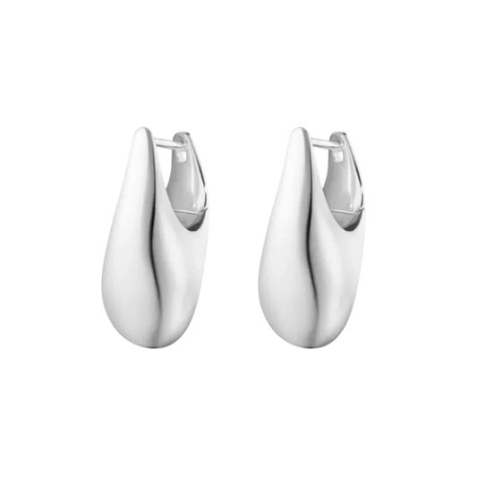 Sculptural Georg Jensen Reflect Small Earrings crafted from sterling silver, featuring distinctive interlocking forms and contemporary Scandinavian design by Jacqueline Rabun.