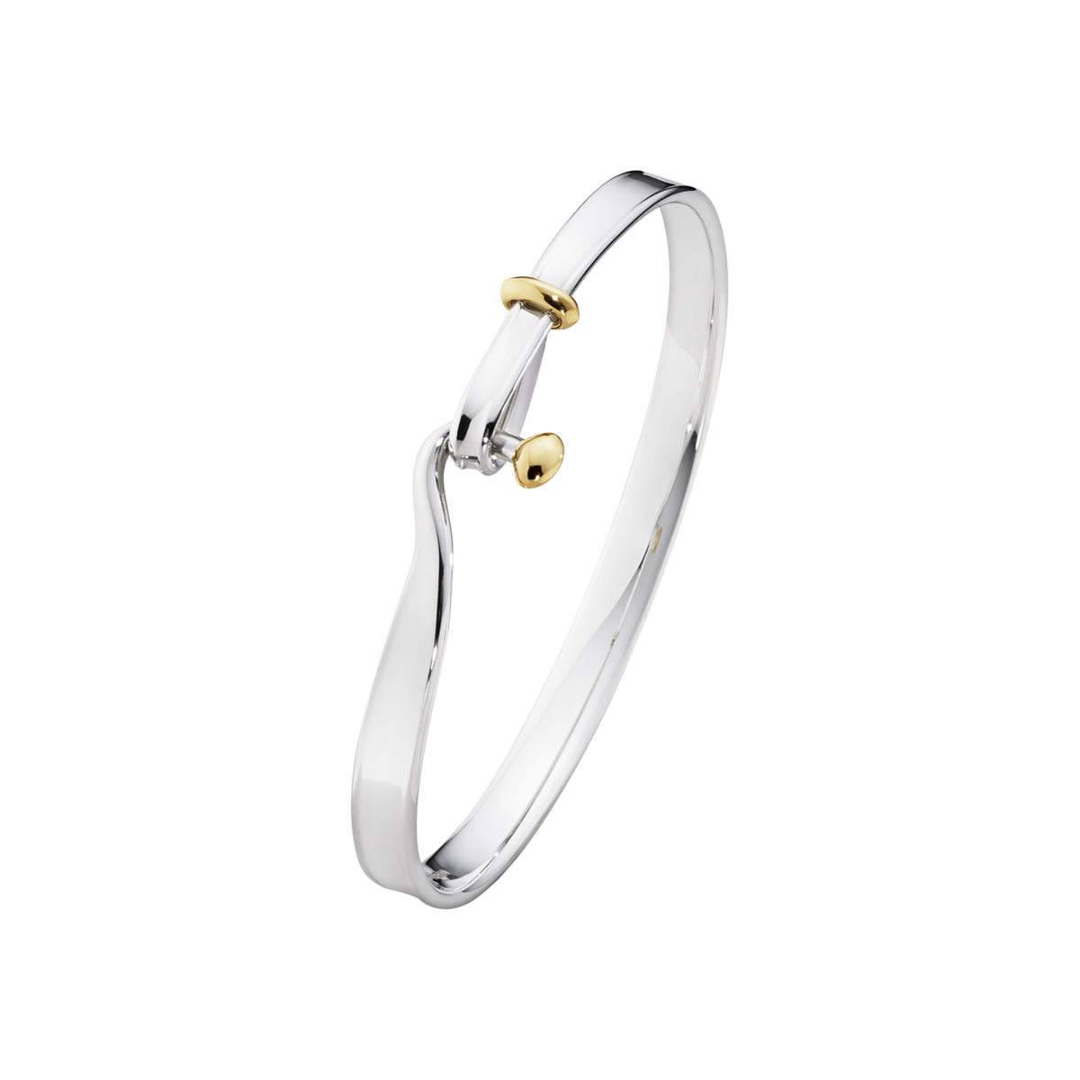 The Georg Jensen Torun Bangle combines sterling silver and 18ct yellow gold in an elegant open design, creating a timeless piece inspired by connection and unity. Available in medium.