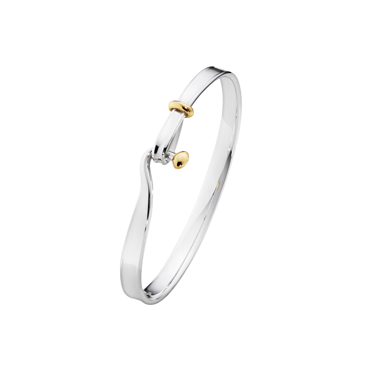 The Georg Jensen Torun Bangle blends sterling silver and 18ct yellow gold in a design that's instantly recognisable for its graceful simplicity. The flowing open silhouette curves naturally around the wrist, while the touch of warm gold adds a beautiful contrast to the cool polished silver.