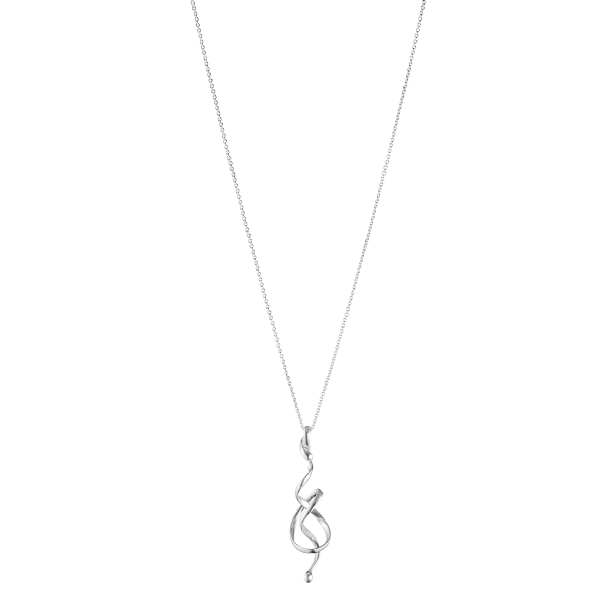 The Georg Jensen Torun Sterling Silver Pendant features a graceful sculptural knot suspended from a 45cm chain, creating a timeless design inspired by connection and unity.