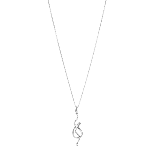 The Georg Jensen Torun Sterling Silver Pendant features a graceful sculptural knot suspended from a 45cm chain, creating a timeless design inspired by connection and unity.