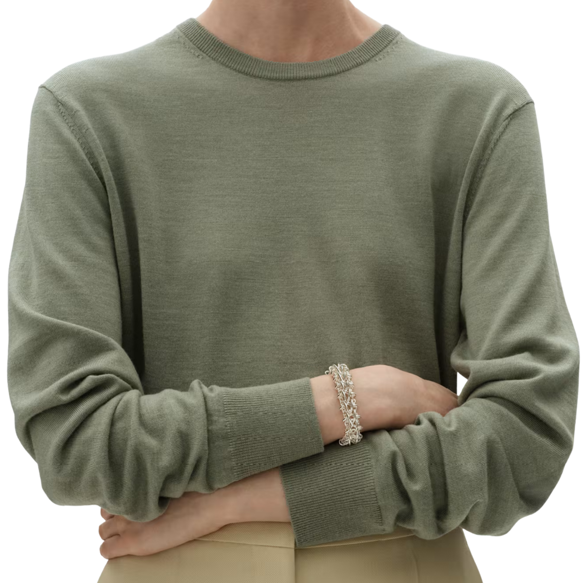 Georg Jensen Weft Sterling Silver Double Link Bracelet on a modal with a green jumper 
