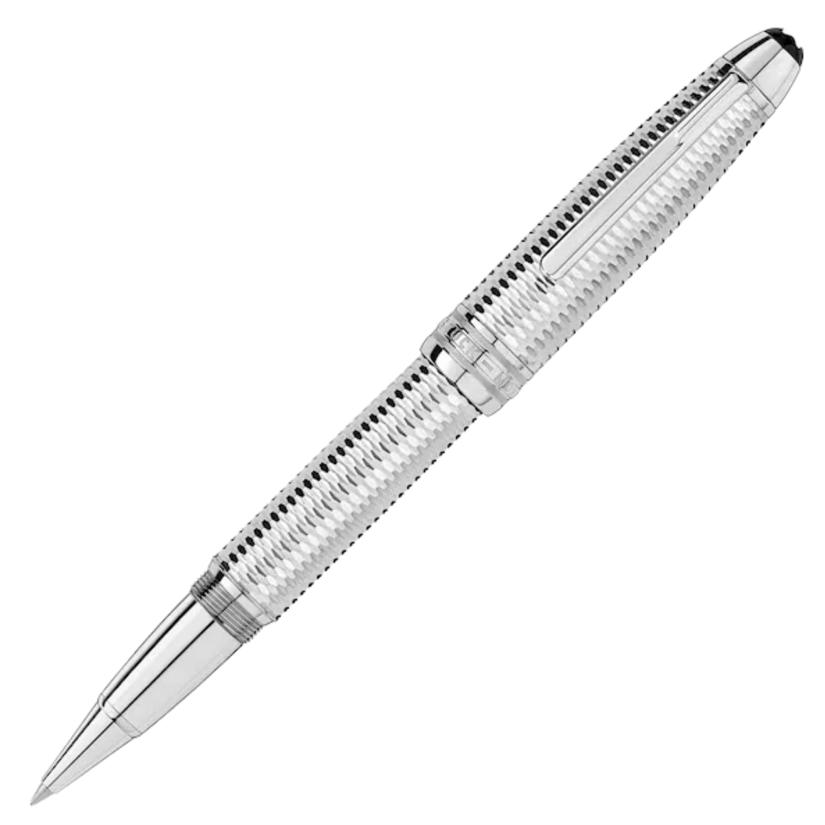 Silver textured rollerball pen with a faceted engraved barrel, polished chrome accents, and pocket clip.