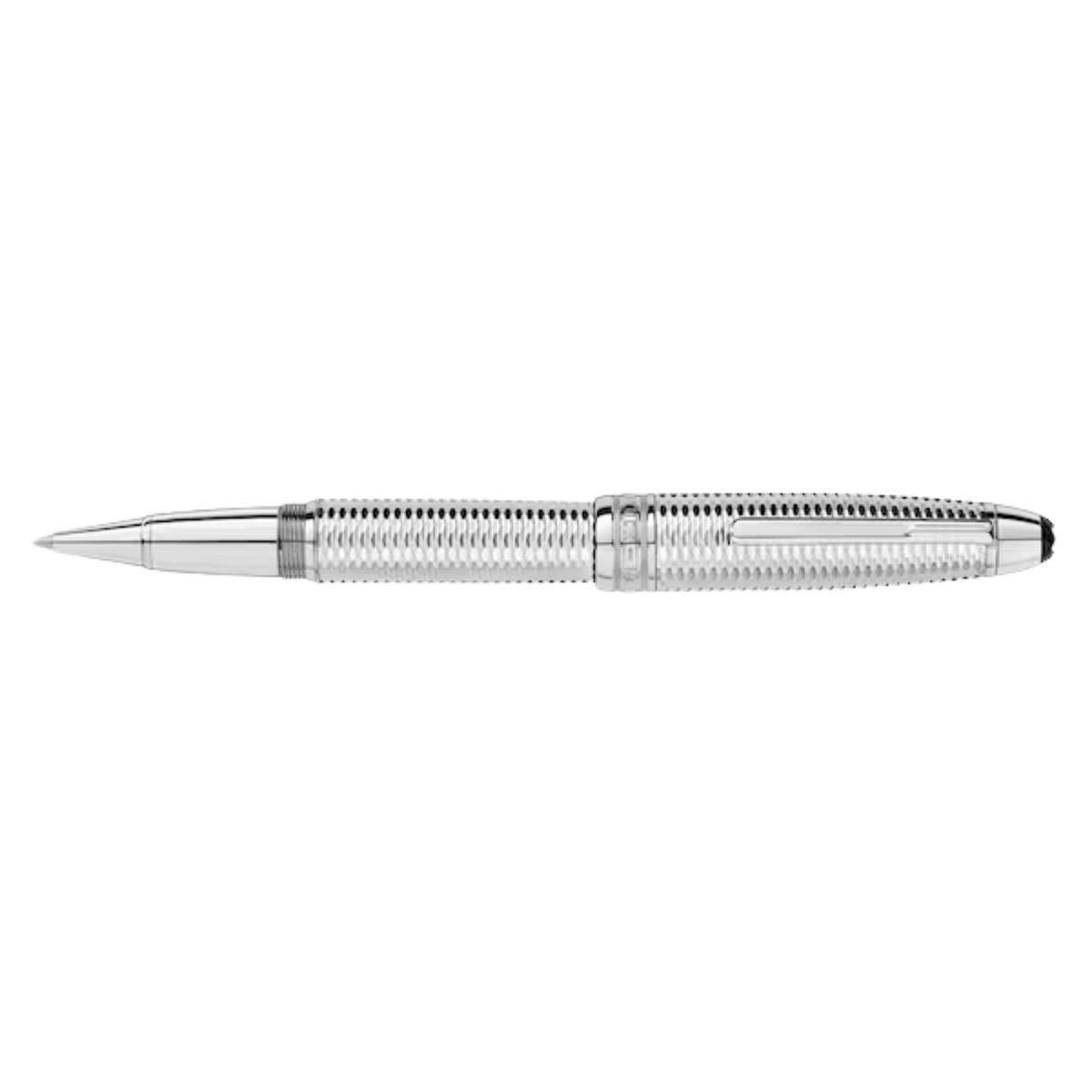 Side view of a silver rollerball pen featuring a diamond-pattern engraved barrel, polished trim, and clip.