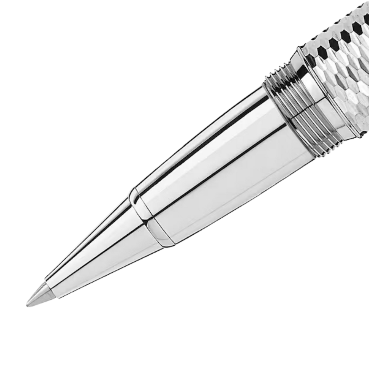 Close-up of the polished rollerball pen tip with a textured silver barrel and precision-machined chrome grip.