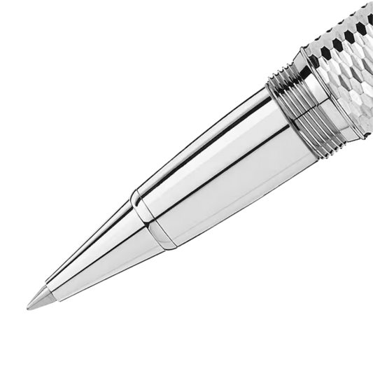 Close-up of the polished rollerball pen tip with a textured silver barrel and precision-machined chrome grip.