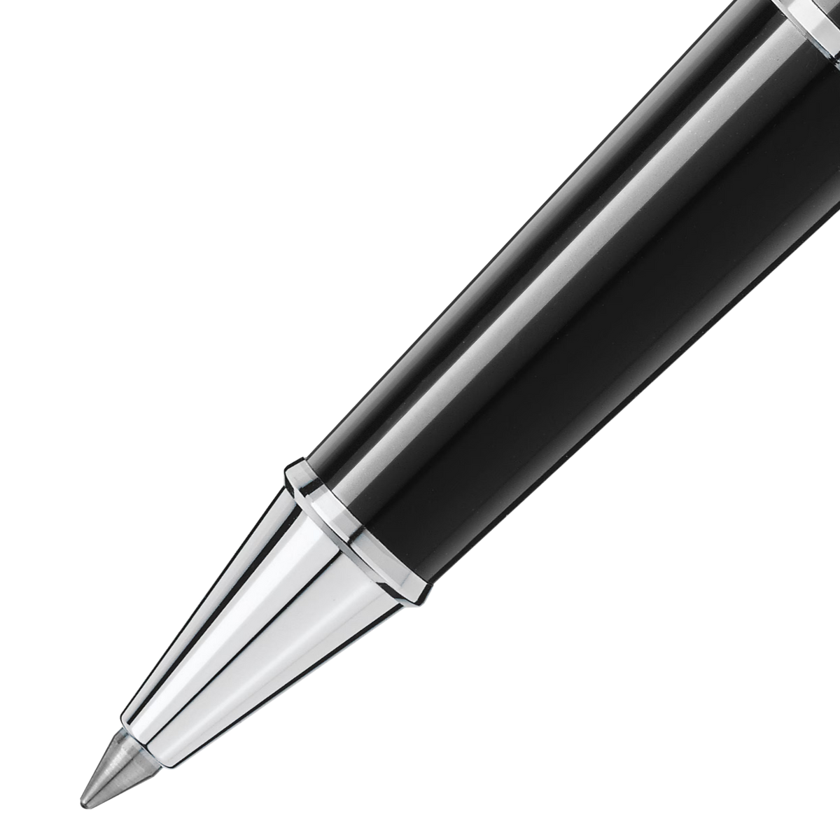 Close-up of the Montblanc Meisterstück rollerball pen tip with polished platinum-coated cone and black resin barrel.