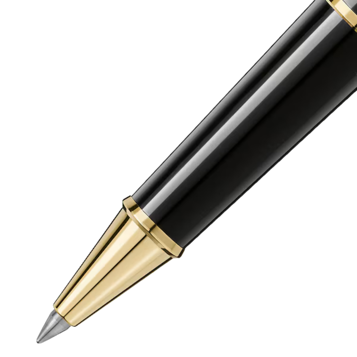 Close-up of the Montblanc Meisterstück Gold-Coated Classique rollerball pen tip with polished gold-coated cone and black resin barrel.
