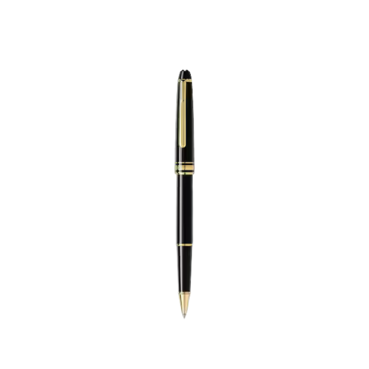 Front view of the Montblanc Meisterstück Gold-Coated Classique rollerball pen with black resin body and gold-coated accents.