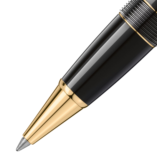 Close-up of the Montblanc Meisterstück Gold-Coated LeGrand rollerball pen tip with polished gold-coated cone and black resin barrel.