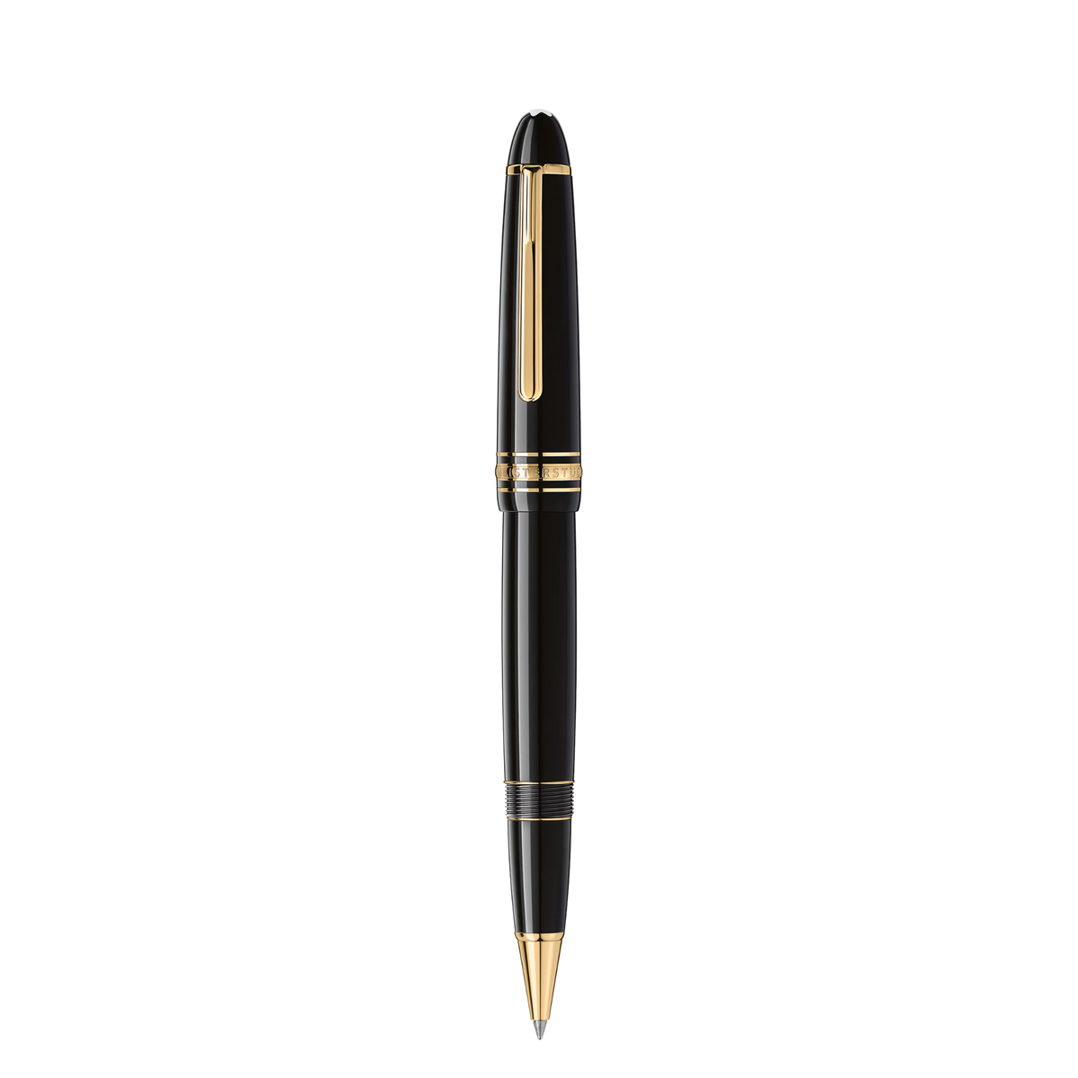 Front view of the Montblanc Meisterstück Gold-Coated LeGrand rollerball pen with black resin body and gold-coated accents.
