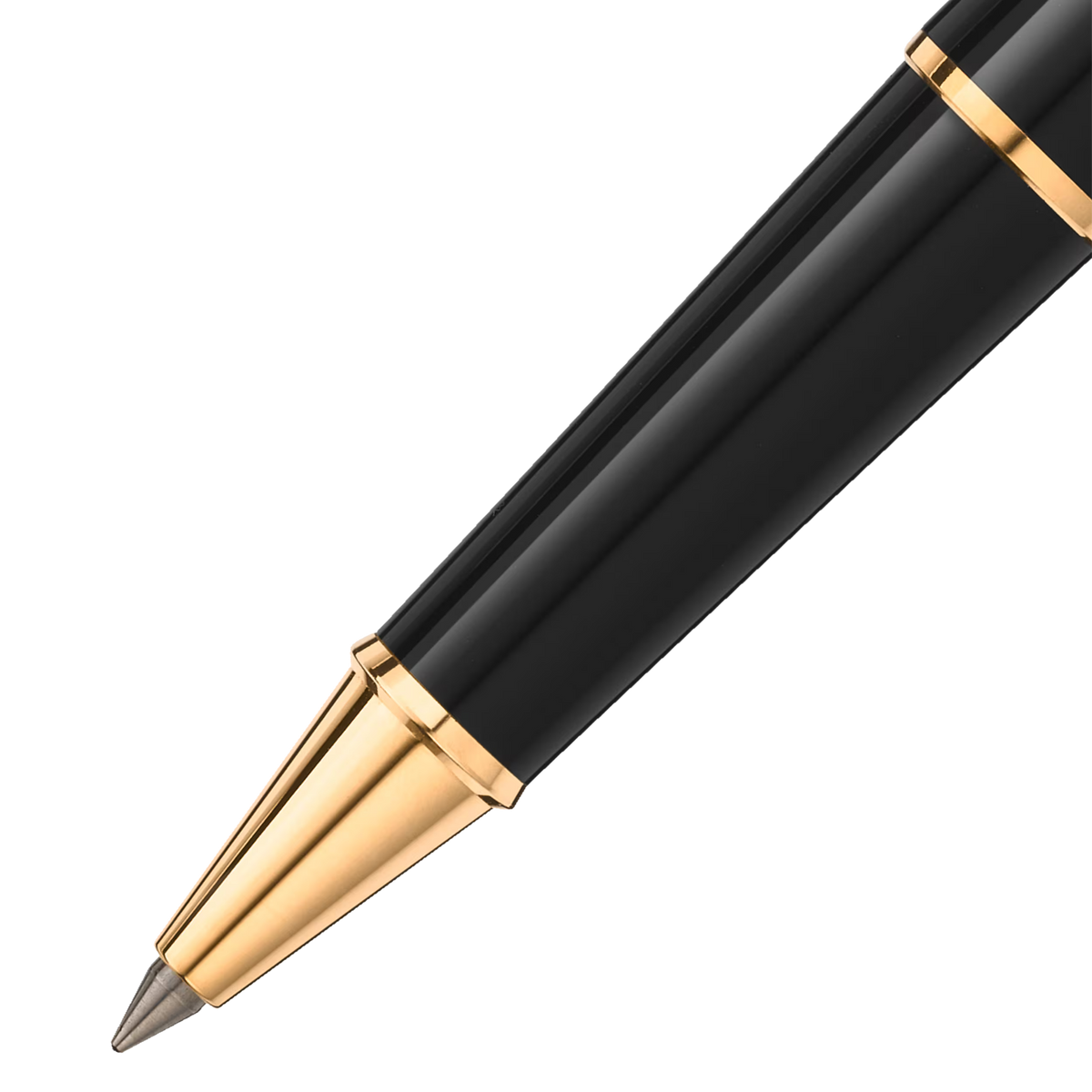 Close-up of the Montblanc Meisterstück Around the World in 80 Days Classique rollerball pen tip with champagne gold-coated cone and black resin barrel.