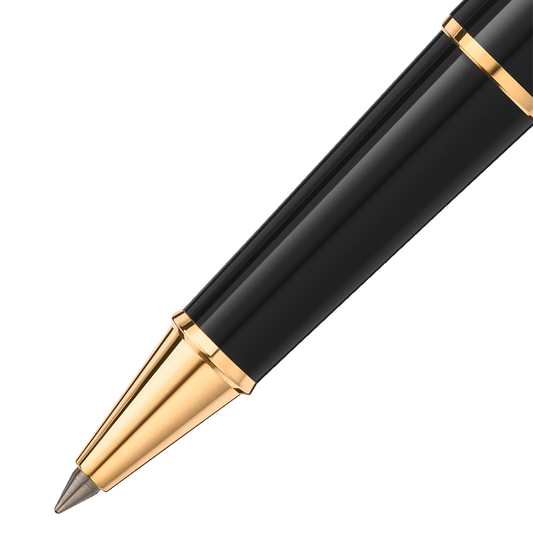 Close-up of the Montblanc Meisterstück Around the World in 80 Days Classique rollerball pen tip with champagne gold-coated cone and black resin barrel.