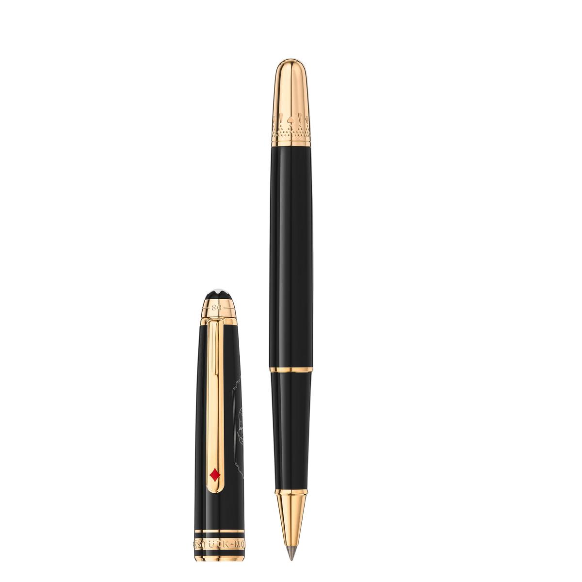 Montblanc Meisterstück Around the World in 80 Days Classique rollerball pen shown uncapped with black precious resin barrel and champagne gold-coated cap.