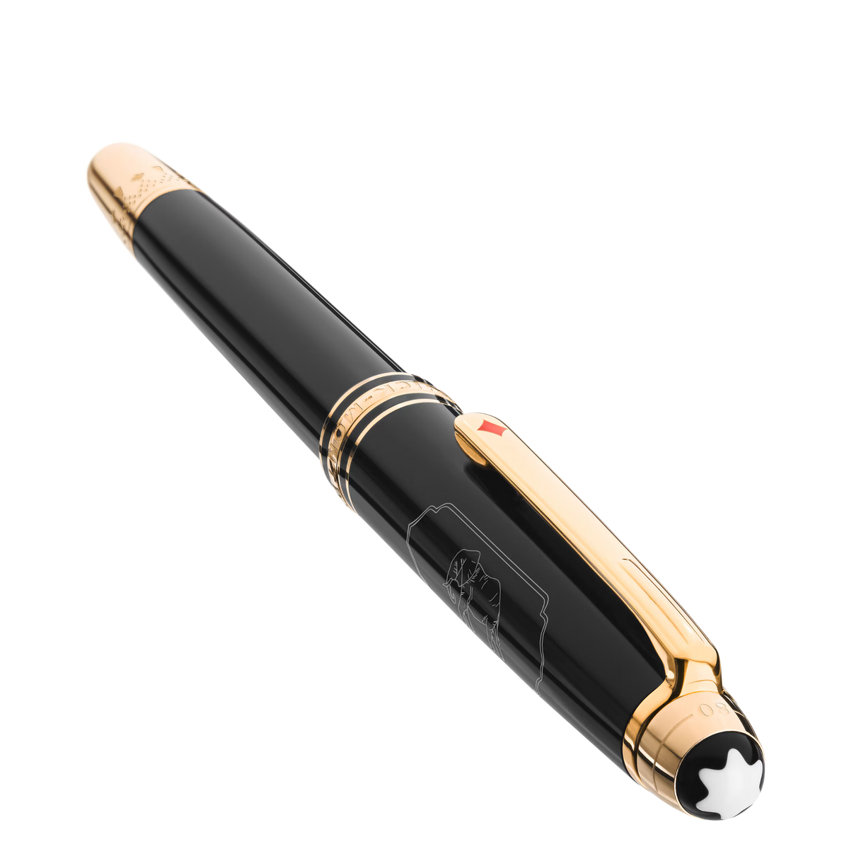 Angled view of the Montblanc Meisterstück Around the World in 80 Days Classique rollerball pen cap highlighting engraved decorative details and champagne gold-coated clip.