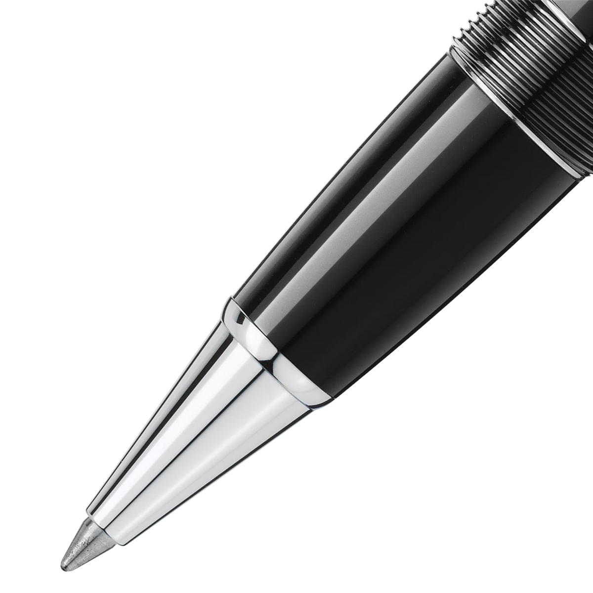 Close-up of the Montblanc Meisterstück Platinum-Coated LeGrand rollerball pen tip with polished platinum-coated cone and black resin barrel.