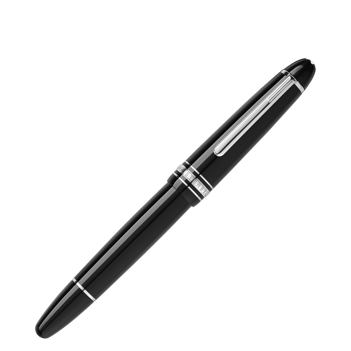 Front view of the Montblanc Meisterstück Platinum-Coated LeGrand rollerball pen with black resin body and platinum-coated accents.