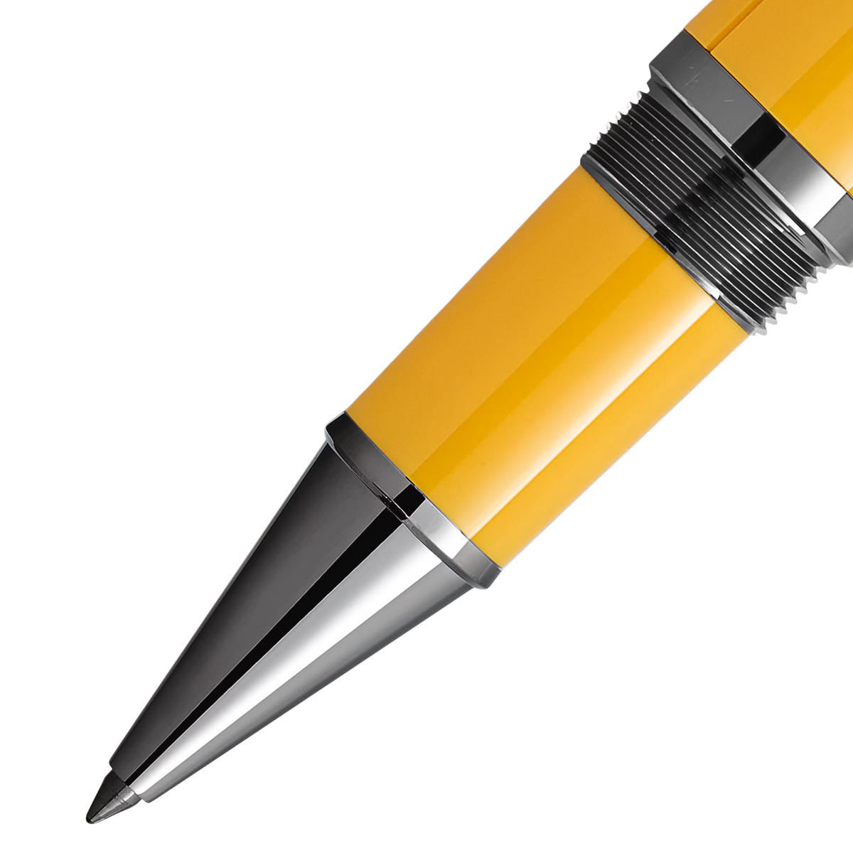 Close-up of the Montblanc Great Characters Enzo Ferrari Giallo Modena rollerball pen tip and yellow resin barrel.
