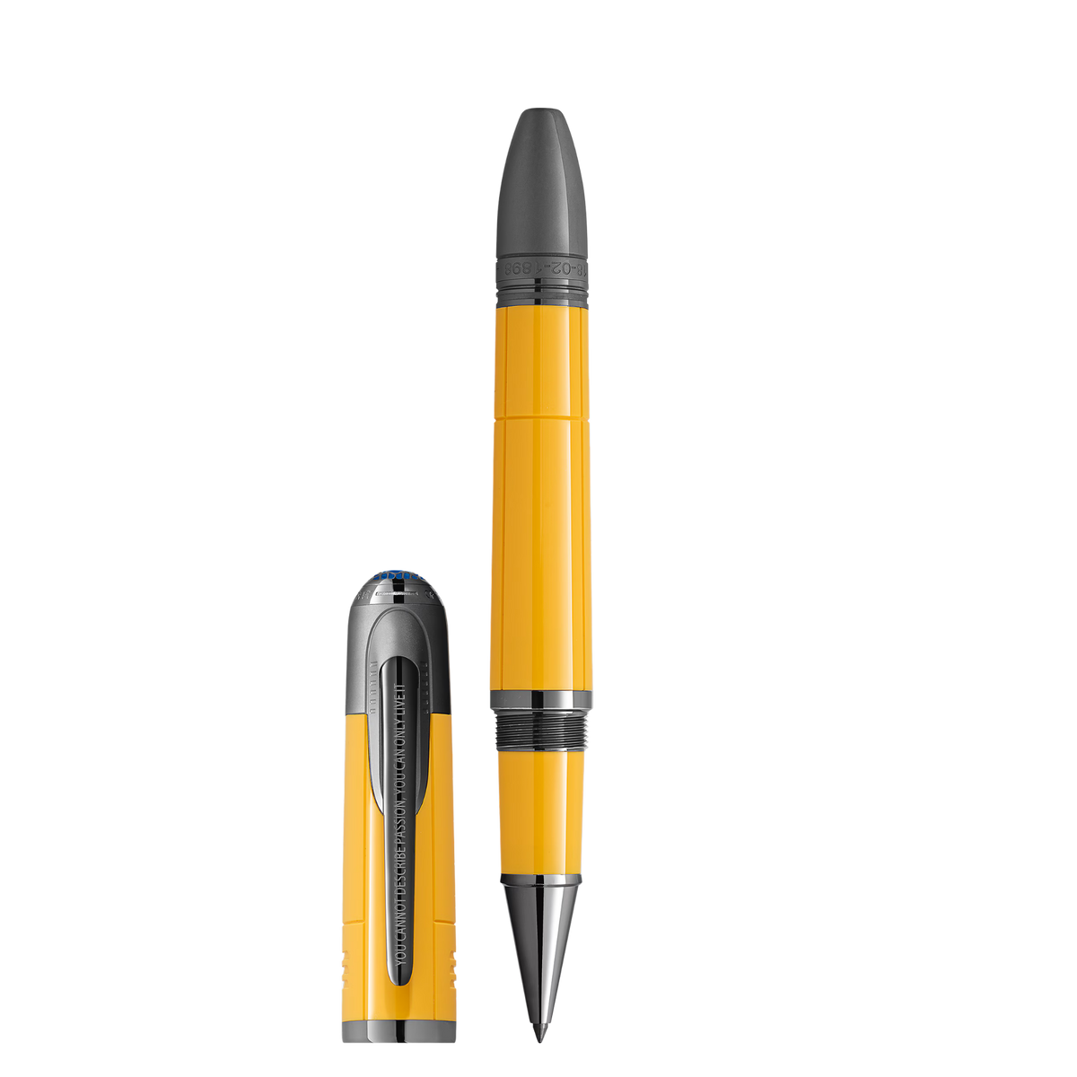 Montblanc Great Characters Enzo Ferrari Giallo Modena rollerball pen shown capped and uncapped.