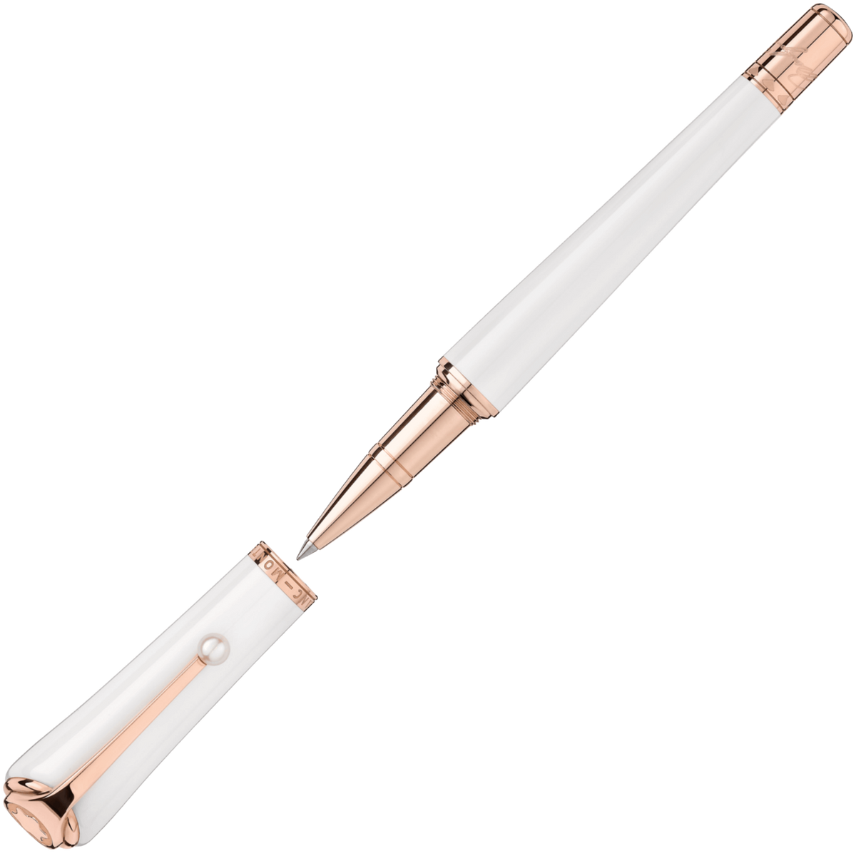 Montblanc Muses Marilyn Monroe Special Edition rollerball pen in white precious resin with rose gold-coated trim and cap removed.
