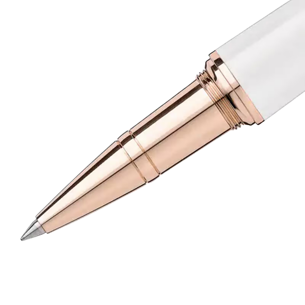 Close-up of the Montblanc Muses Marilyn Monroe Special Edition rollerball pen tip with rose gold-coated cone.