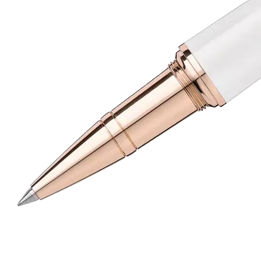 Close-up of the Montblanc Muses Marilyn Monroe Special Edition rollerball pen tip with rose gold-coated cone.