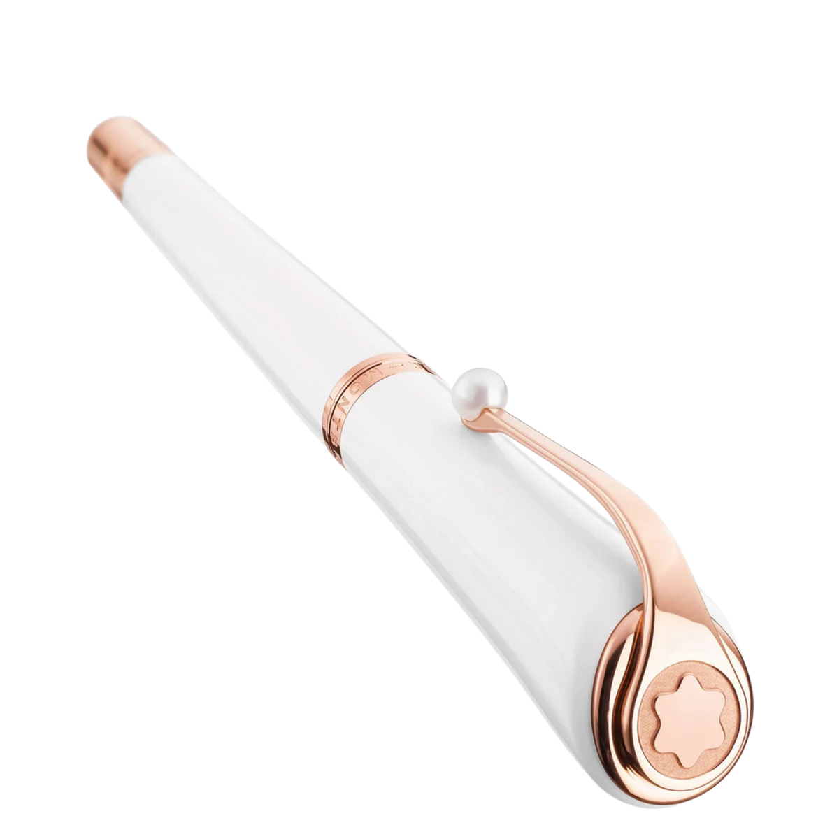 Close-up of the Montblanc Muses Marilyn Monroe Special Edition rollerball pen cap featuring a pearl-shaped clip and Montblanc emblem.