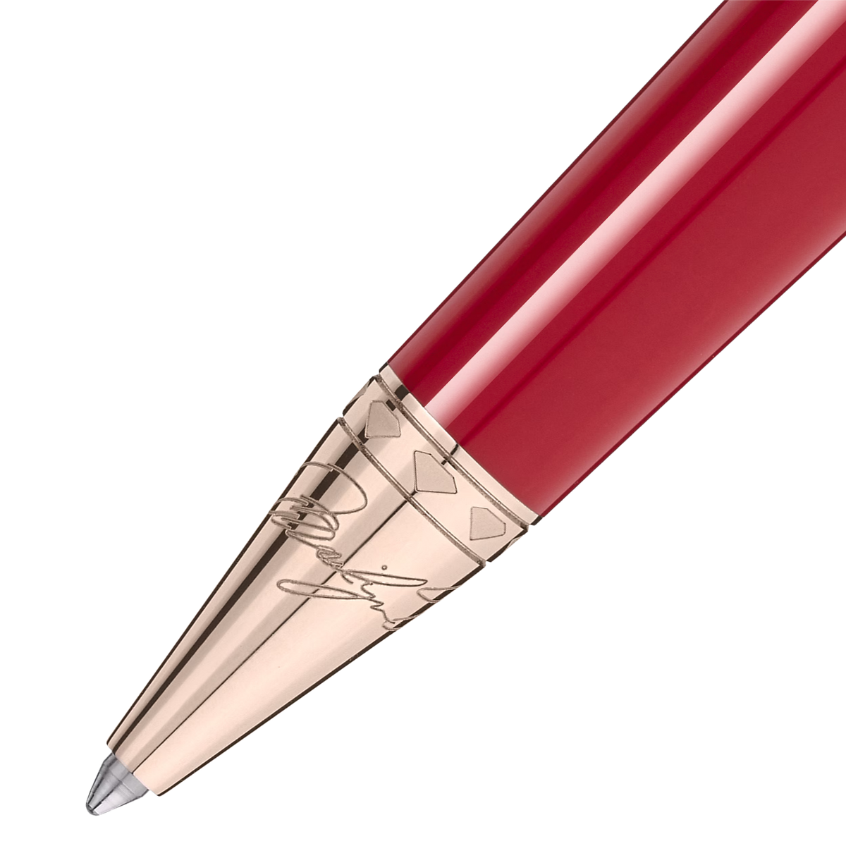 Close-up of the Montblanc Muses Marilyn Monroe Special Edition ballpoint pen tip with rose gold-coated cone.