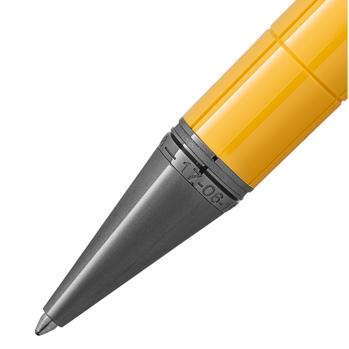 Close-up of the Montblanc Great Characters Enzo Ferrari Giallo Modena Special Edition ballpoint pen tip with ruthenium-coated cone.