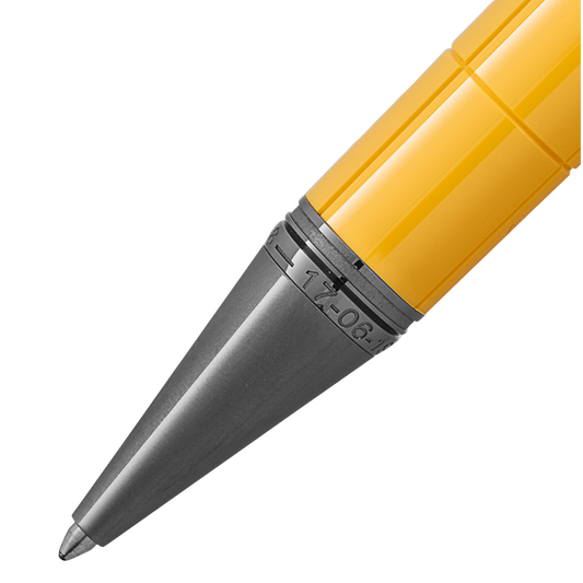 Close-up of the Montblanc Great Characters Enzo Ferrari Giallo Modena Special Edition ballpoint pen tip with ruthenium-coated cone.