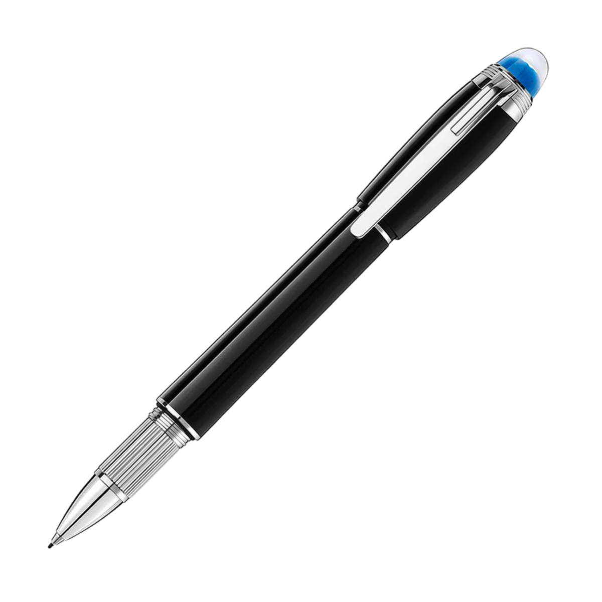 Montblanc StarWalker SpaceBlue fineliner pen in black precious resin with platinum-coated trim and blue dome emblem.