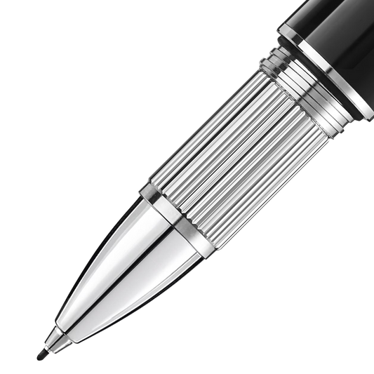 Close-up of the Montblanc StarWalker SpaceBlue fineliner pen tip with platinum-coated grip and cone.
