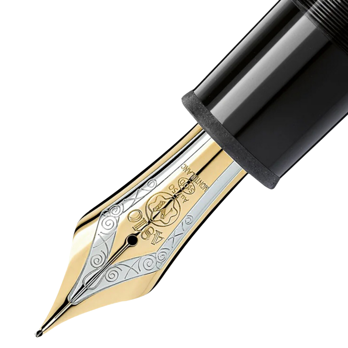 Close-up of the Montblanc Meisterstück 149 Gold-Coated fountain pen handcrafted medium gold nib.