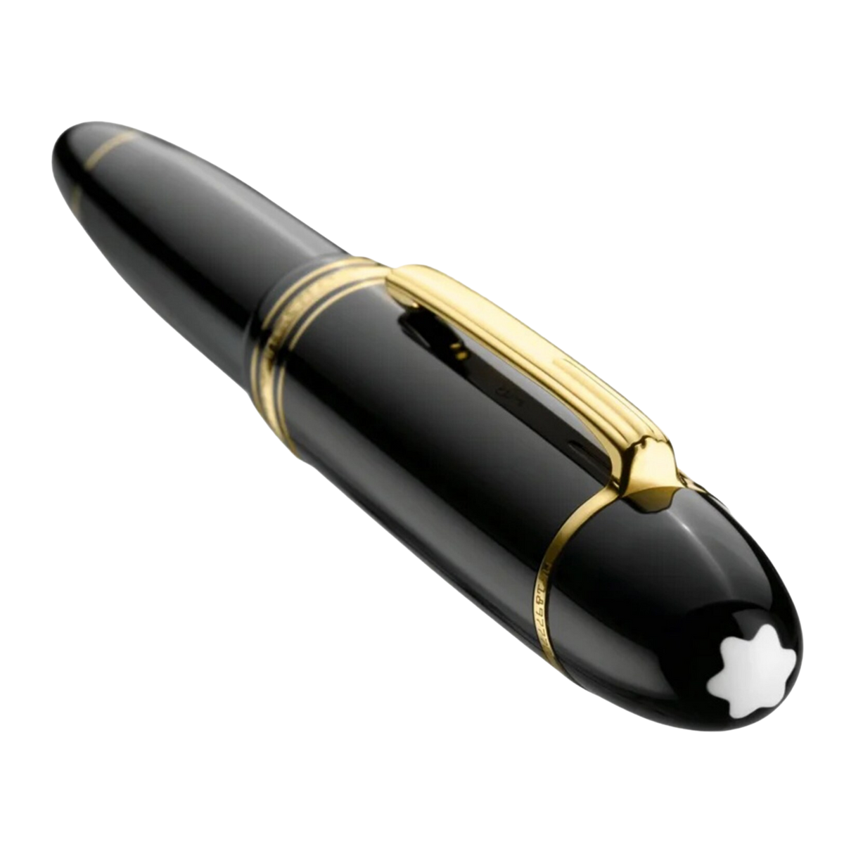 Close-up of the Montblanc Meisterstück 149 Gold-Coated fountain pen cap with gold-coated clip and Montblanc emblem.