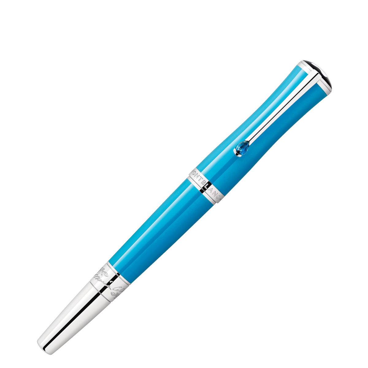 Montblanc Great Characters Maria Callas Special Edition fountain pen displayed with turquoise barrel and platinum-coated accents.