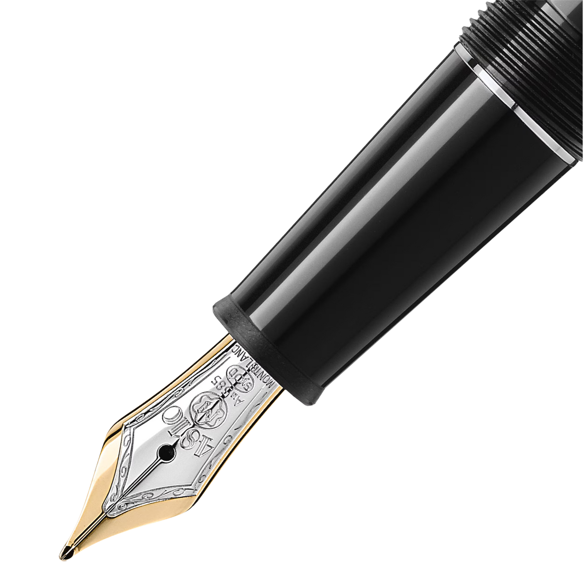 Close-up of the Montblanc Meisterstück Platinum-Coated Classique fountain pen handcrafted gold nib with rhodium finish.