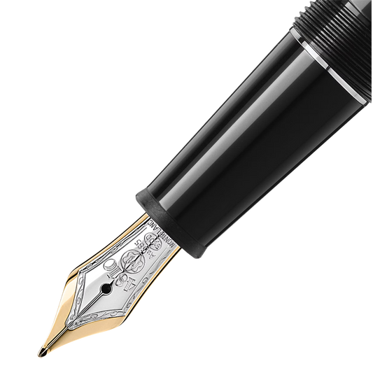 Close-up of the Montblanc Meisterstück Platinum-Coated Classique fountain pen handcrafted gold nib with rhodium finish.