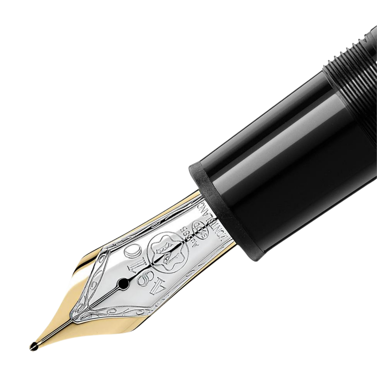 Close-up of the Montblanc Meisterstück Platinum-Coated LeGrand fountain pen handcrafted gold nib with rhodium finish.