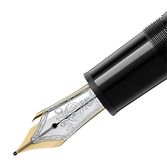 Close-up of the Montblanc Meisterstück Platinum-Coated LeGrand fountain pen handcrafted gold nib with rhodium finish.