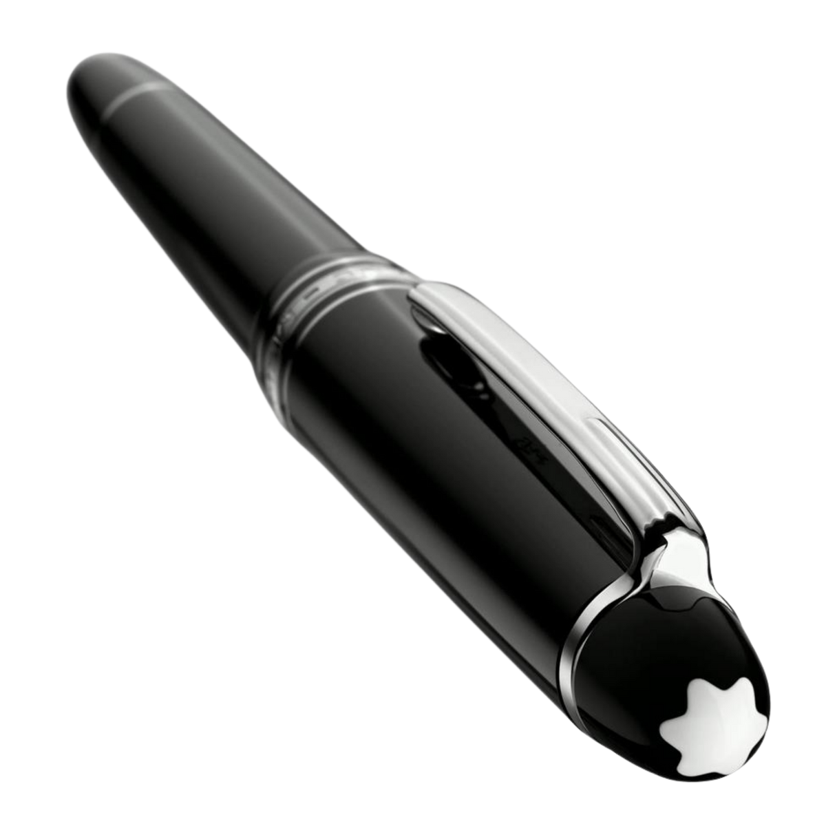 Close-up of the Montblanc Meisterstück Platinum-Coated LeGrand fountain pen cap with platinum-coated clip and Montblanc emblem.